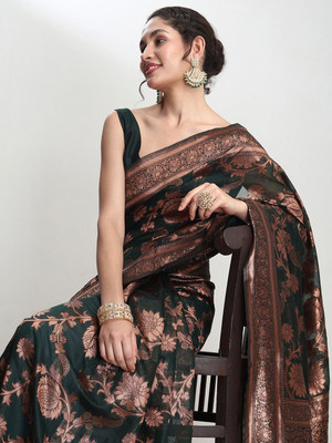 Janasya Woven Banarasi Silk Blend Saree(Dark Green)