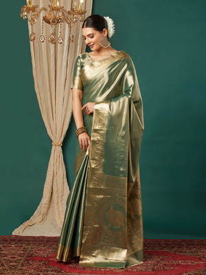Divastri Woven, Embellished Kanjivaram Pure Silk, Silk Blend Saree(Dark Green)