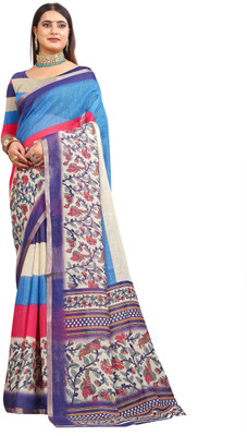 HouseOfCommon Printed Kanjivaram Pure Cotton, Cotton Linen Saree(Blue)