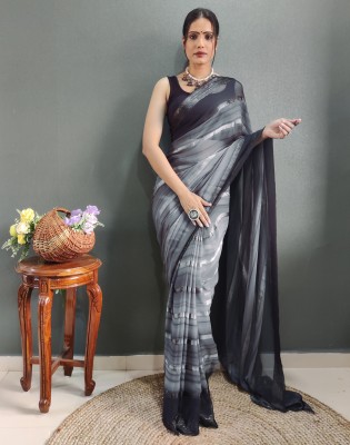 Samah Dyed, Striped, Embellished Bollywood Georgette Saree(Grey)