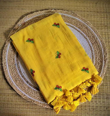 Weare Aura Printed Handloom Cotton Blend Saree(Yellow)