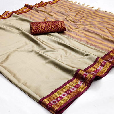 KHODALSAREEFEB Solid/Plain, Woven Sambalpuri Cotton Blend Saree(Yellow)