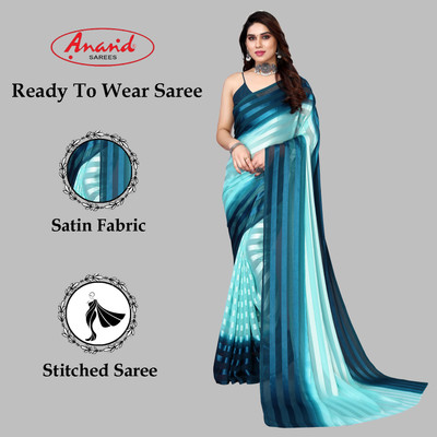 Anand Sarees Embellished, Striped, Self Design Bollywood Satin Saree(Dark Blue, Light Blue)