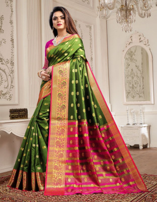 Aardha Woven Banarasi Cotton Silk Saree(Green)