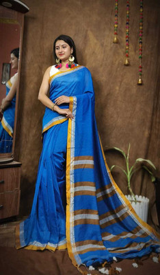 HARE KRISHNA ENTERPRISE Solid/Plain Handloom Cotton Silk Saree(Light Blue)
