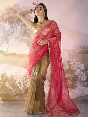 Divastri Embellished, Solid/Plain, Dyed Bollywood Organza Saree(Red, Gold)
