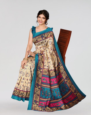 Nirvaan Printed Mysore Art Silk Saree(Blue)