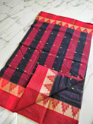 BD Taant Saree Self Design Tant Pure Cotton Saree(Dark Blue, Red)