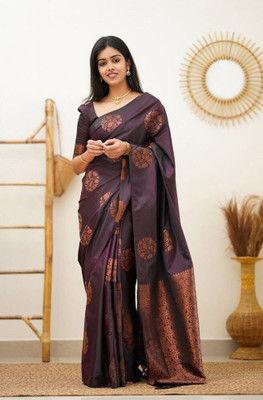 Handsel Woven Banarasi Jacquard, Silk Blend Saree(Purple)