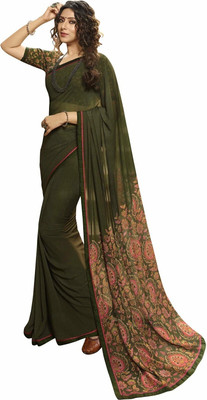RAJESHWAR FASHION Printed Bollywood Georgette Saree(Dark Green, Orange)