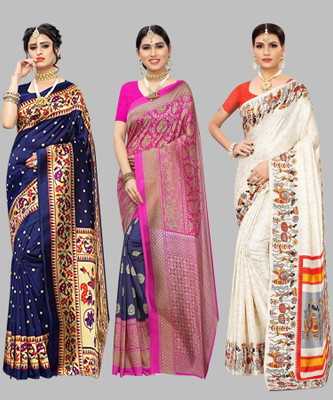 Nirvaan Self Design, Digital Print, Printed Mysore Art Silk Saree(Pack of 3, Dark Blue)