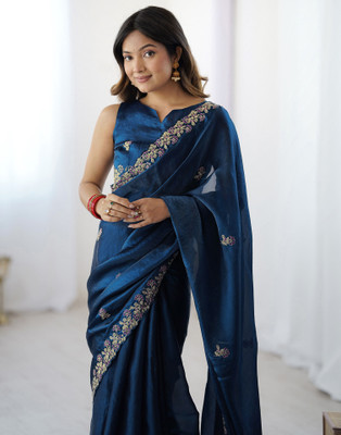 Satrani Embellished, Embroidered Bollywood Jimmy choo, Tissue Saree(Dark Blue)