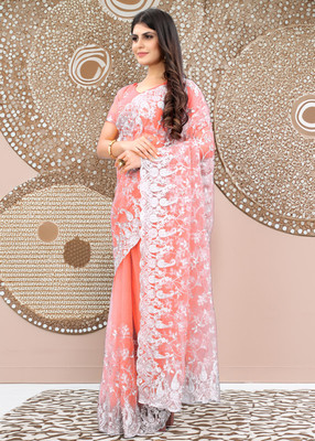 YARA CREATION Printed Bollywood Net Saree(Orange)