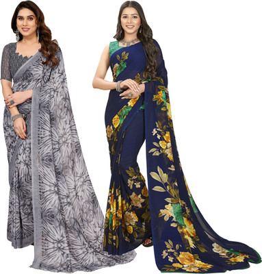 kashvi sarees Floral Print, Polka Print, Ombre, Printed Bollywood Georgette Saree(Pack of 2, Dark Blue, Grey)