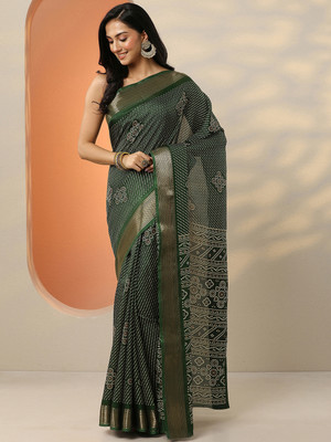 LIBAS Woven Bandhani Silk Blend Saree(Green)