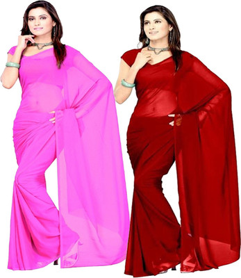FANCYNINE Self Design Daily Wear Georgette Saree(Pack of 2, Maroon, Pink)
