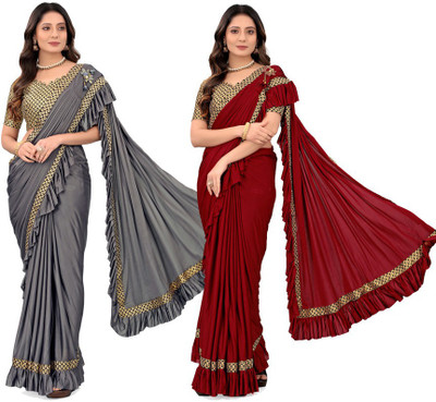 HARIOM FASHION Solid/Plain Bollywood Lycra Blend Saree(Pack of 2, Multicolor)