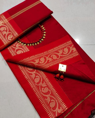 BiswasTextiles Self Design Handloom Cotton Blend Saree(Red)