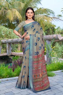 Vinayak Textile Printed Bollywood Linen Saree(Beige)