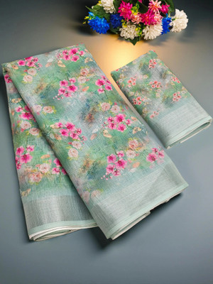 Myraani Floral Print Daily Wear Cotton Linen Saree(Green)