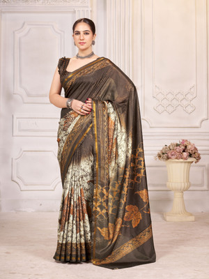 Rudrakala Digital Print, Floral Print, Geometric Print, Graphic Print, Self Design Bollywood Crepe, Silk Blend Saree(Brown, Beige)