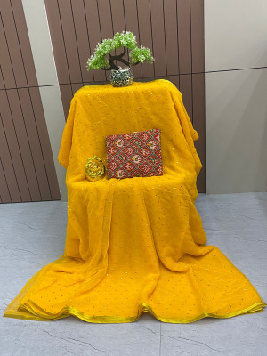ELEGENCE FAB Polka Print, Embellished Daily Wear Chiffon Saree(Yellow)