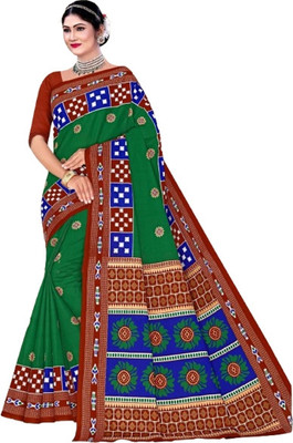 Sumit Textiles Printed Sambalpuri Cotton Blend Saree(Green, Maroon)