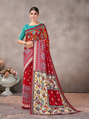 GARDEN VARELI Geometric Print Saree with Attached Blouse Silk Blend Saree(Red)
