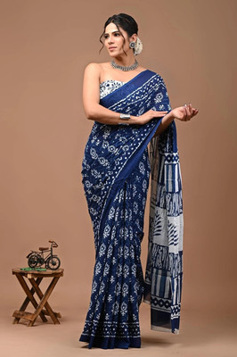 HIYAMI Printed Handloom Pure Cotton Saree(Blue)