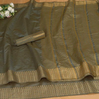 PRAMUKH Woven Kanjivaram Pure Cotton Saree(Grey)