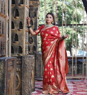 Fashion Fusionstudio Printed Banarasi Cotton Silk Saree(Red)