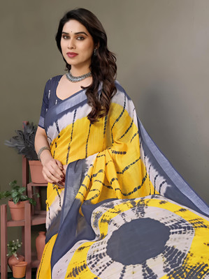 Marabout Digital Print Bollywood Cotton Linen Saree(Yellow, Blue)