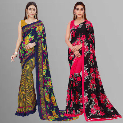 Anand Sarees Floral Print Daily Wear Georgette Saree(Pack of 2, Yellow, Blue, Multicolor)