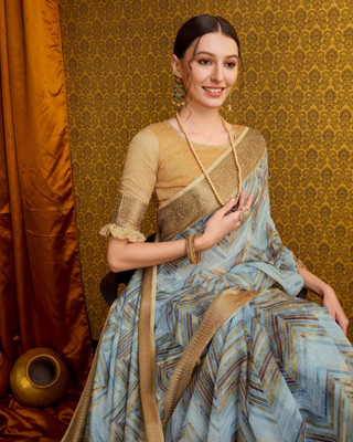 Divastri Digital Print Banarasi Cotton Blend Saree(Blue)