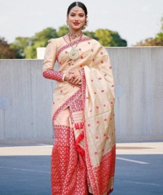 rosecloud Woven Mekhela Chador Silk Blend Saree(Beige, Red)