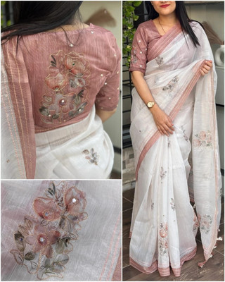 nirave fashion Digital Print Kantha Cotton Linen Saree(Beige)