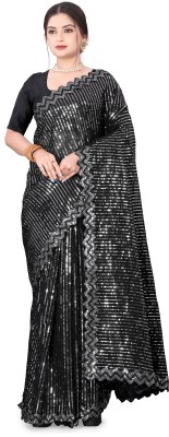 DHERYARAJ FASHION Embroidered, Embellished, Self Design, Solid/Plain Banarasi Georgette Saree(Black)