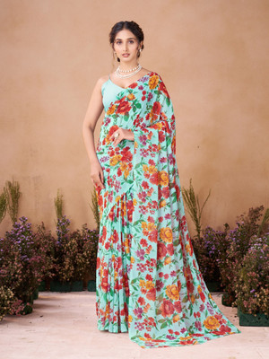 GARDEN VARELI Floral Print Bollywood Georgette Saree(Green)