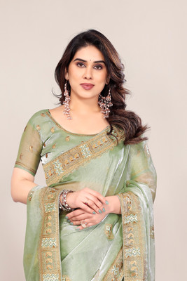 KHRITI FAB Embroidered Bollywood Jimmy choo Saree(Light Green)