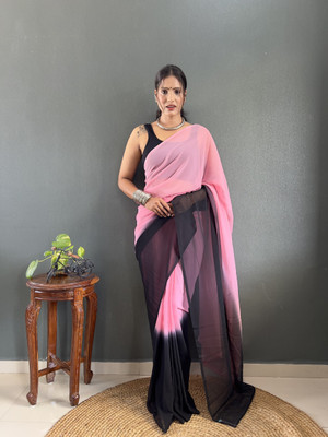 LeeliPeeri Designer Color Block Bollywood Georgette Saree(Pink, Black)