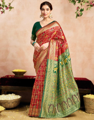 WILLMAKE Printed, Applique, Embellished, Floral Print, Woven Bollywood Jacquard, Art Silk Saree(Red)