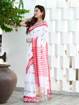 SK Sarees Printed, Self Design Tant Pure Cotton Saree(White, Red)