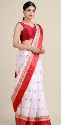 arup Self Design Tant Cotton Blend Saree(White)