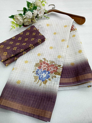HouseOfCommon Floral Print Kanjivaram Linen, Cotton Linen Saree(White, Brown)