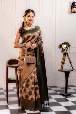 The Style Sanctuary Printed, Woven, Geometric Print Bollywood Silk Blend Saree(Grey, Purple)