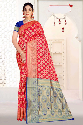 Radharani fusion Woven Paithani Cotton Silk Saree(Red, Blue)