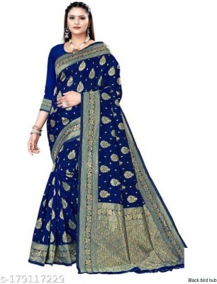 UK WORLDS Floral Print Kanjivaram Cotton Silk Saree(Dark Blue)