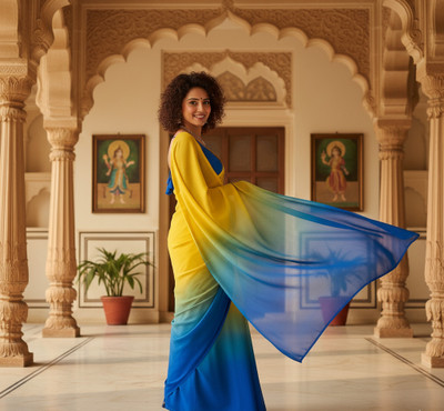 KEE Color Block Bollywood Georgette Saree(Yellow, Blue)