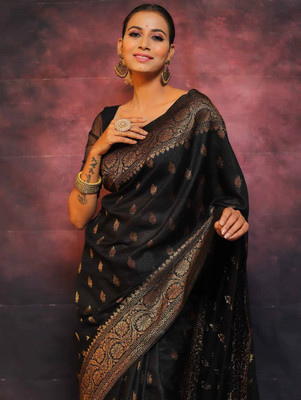 GajGajra Woven Kanjivaram Jacquard, Silk Blend Saree(Black)