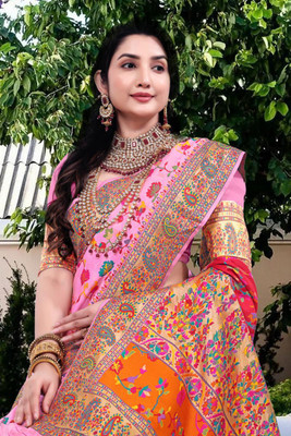 Aksh Fashion Floral Print, Self Design Bollywood Jacquard, Semi-Pashmina Saree(Pink)